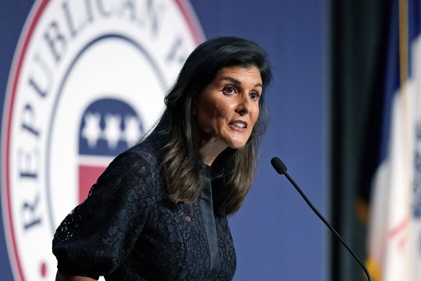 FILE - Former U.N. Ambassador and former South Carolina Gov. Nikki Haley speaks during the Iowa Republican Party's Lincoln Dinner, on June 24, 2021, in West Des Moines, Iowa. Haley is moving closer to making her presidential campaign official. On Wednesday, Feb 1, 2023, supporters of the former South Carolina governor will get an email invitation to a Feb. 15 launch event in Charleston, at which she plans to announce her campaign, according to a person familiar with the plans but not authorized to speak publicly about them. (AP Photo/Charlie Neibergall, File)
