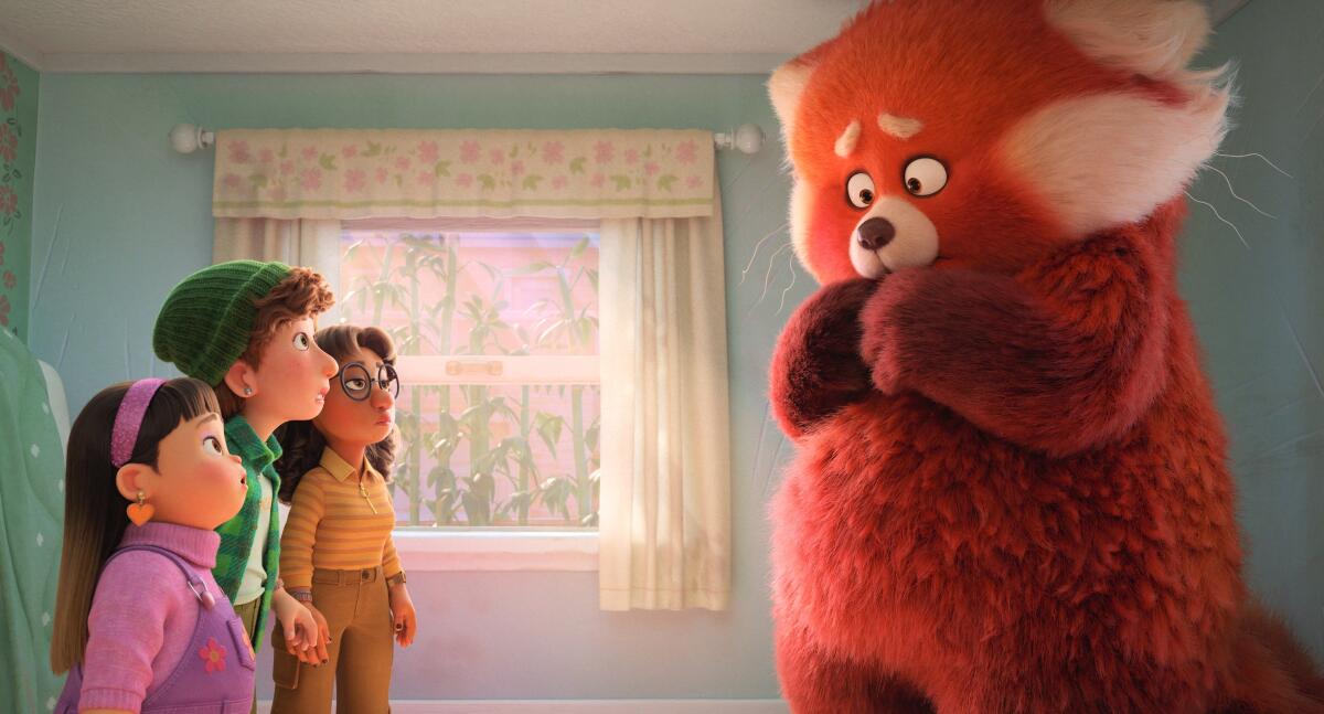 Three kids stare at a giant red panda in a scene from ”Turning Red.” 