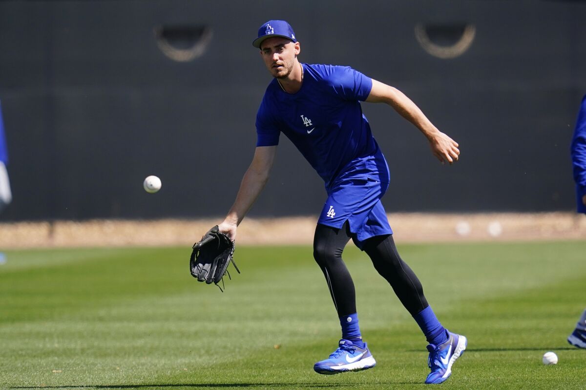 Dodgers' Cody Bellinger chases down a fly ball during batting practice in a spring training workout.