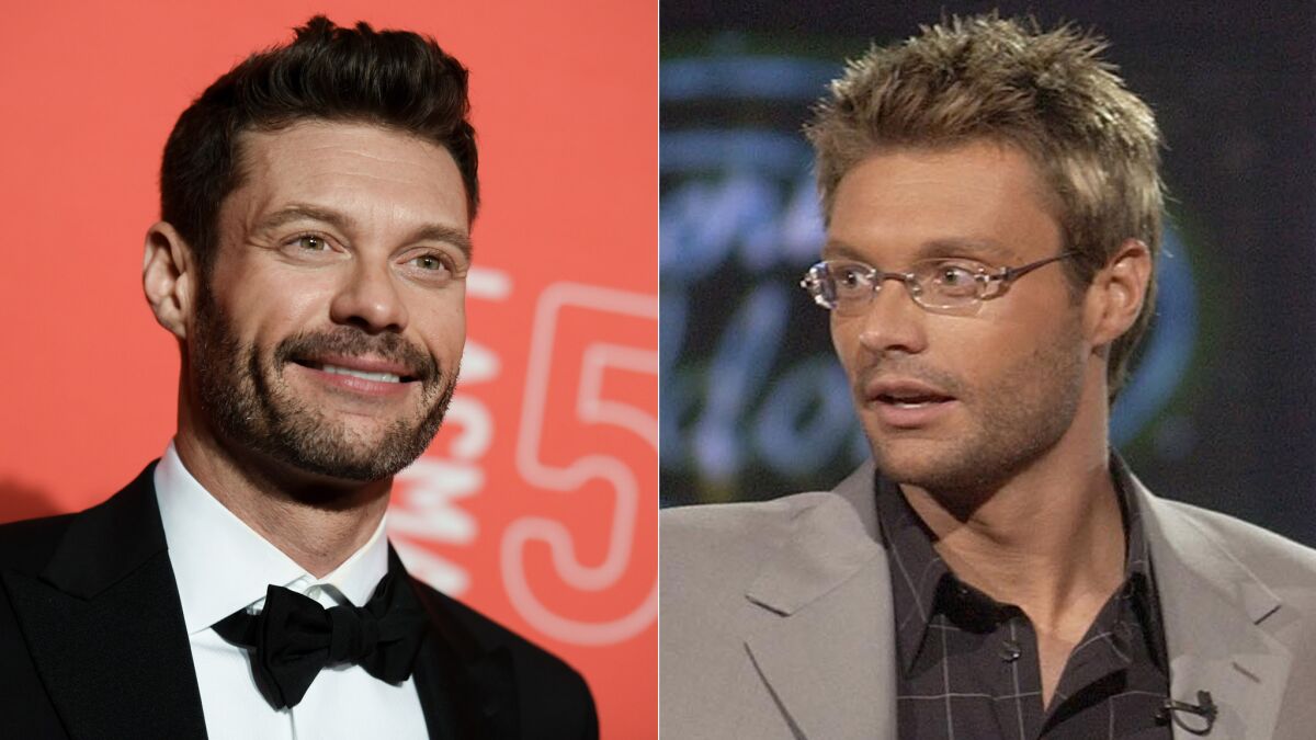Ryan Seacrest in 2015, left, and on the first season of "American Idol," right, in 2002. "This show's been a big part of my life for so long... hard to imagine it w/out it," he tweeted Monday after it was announced that the show would end in 2016.
