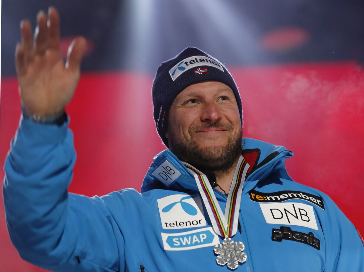 FILE - Silver medalist Norway's Aksel Lund Svindal poses during the medal ceremony for the men's downhill race, at the alpine ski World Championships in Are, Sweden, on Feb. 9, 2019. Two-time Olympic skiing champion Svindal underwent surgery after being diagnosed with testicular cancer, the Norwegian said on Saturday Sept. 24, 2022. (AP Photo/Gabriele Facciotti, File)