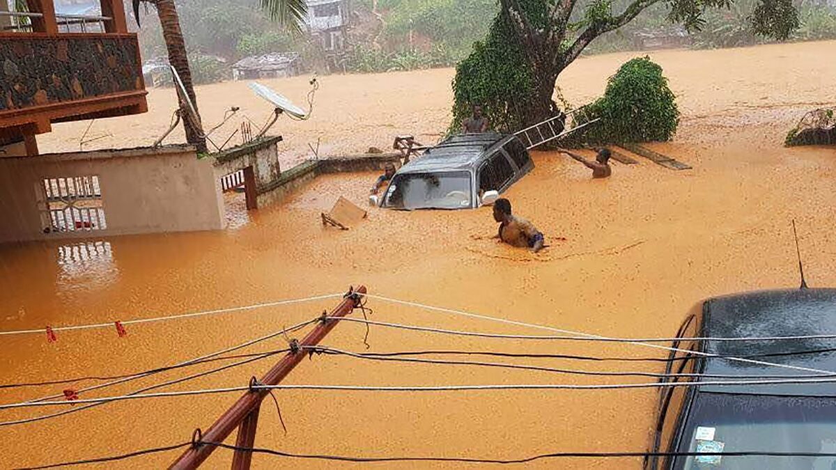 This picture shows flooded streets in Regent near Freetown, on Aug. 14, 2017.