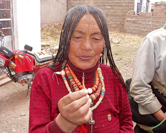 Daree, a 67-year-old Tibetan woman, examines a piece of caterpillar fungus.