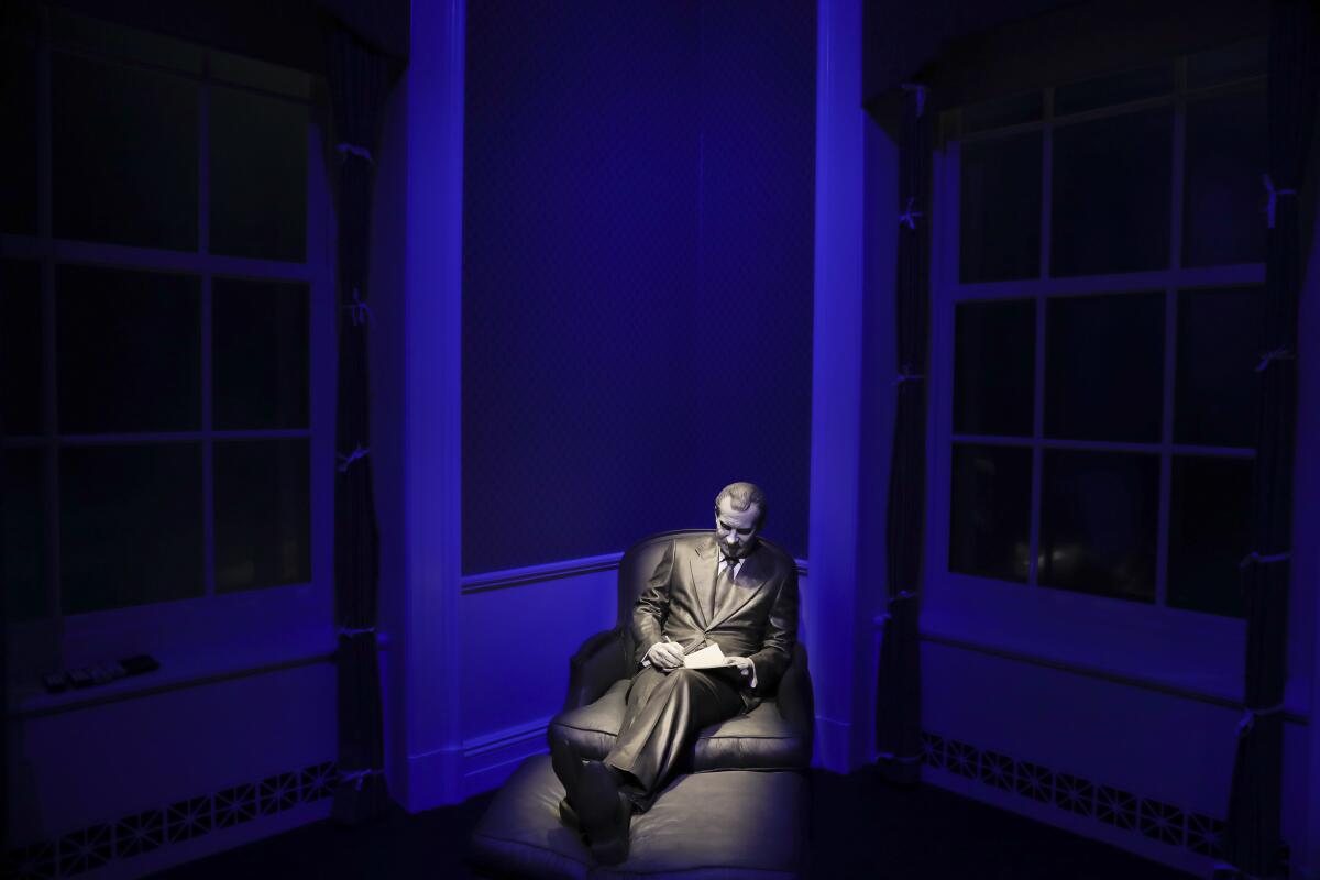 A sculpture of former President  Nixon on display at the Richard Nixon Presidential Library and Museum