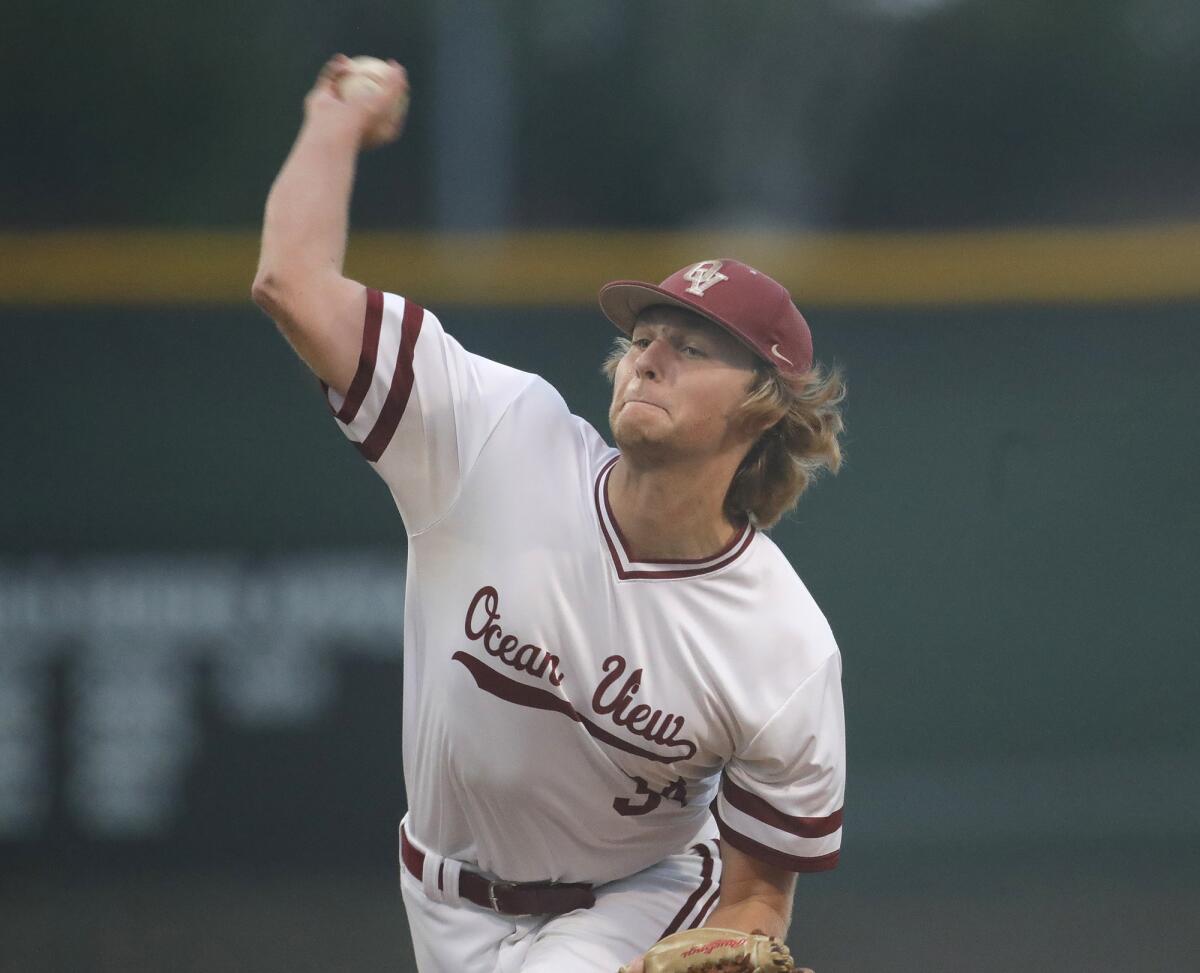 Ocean View's Brandon Wood hurls a strike during the 53rd Kiwanis Orange County All-Star Baseball Game on Tuesday.