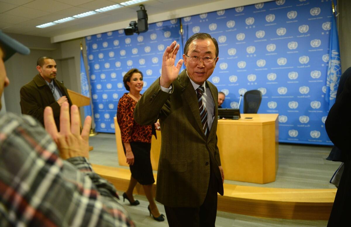 U.N. Secretary-General Ban Ki-moon, pictured Sunday leaving a news conference at the United Nations, was "deeply disappointed" that public comments from Iran on Monday did not back the stated aim of the Geneva II conference, a U.N. spokesman said.