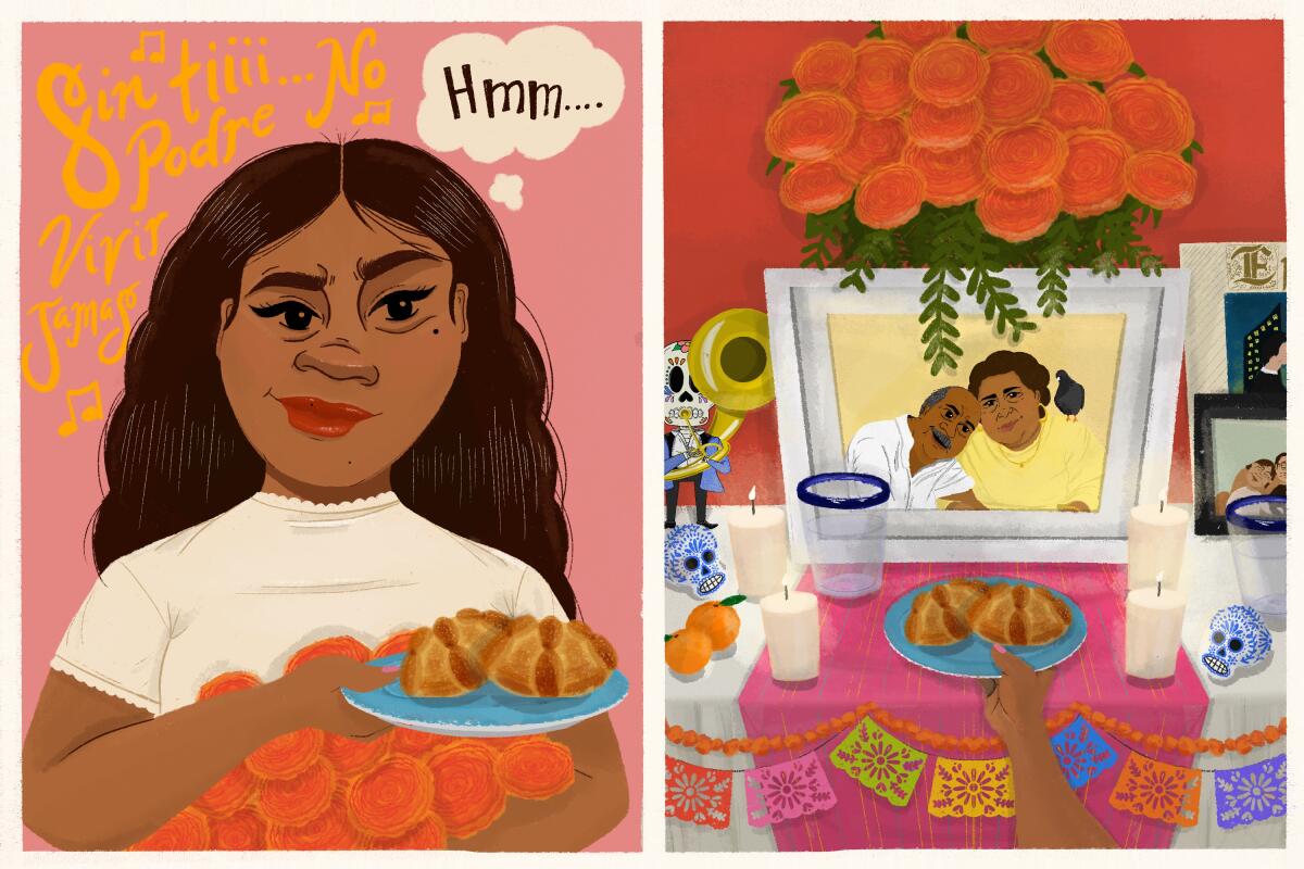 A drawing of a girl preparing an ofrenda with flowers and pastries. A thought bubble reads: "Hmm..."