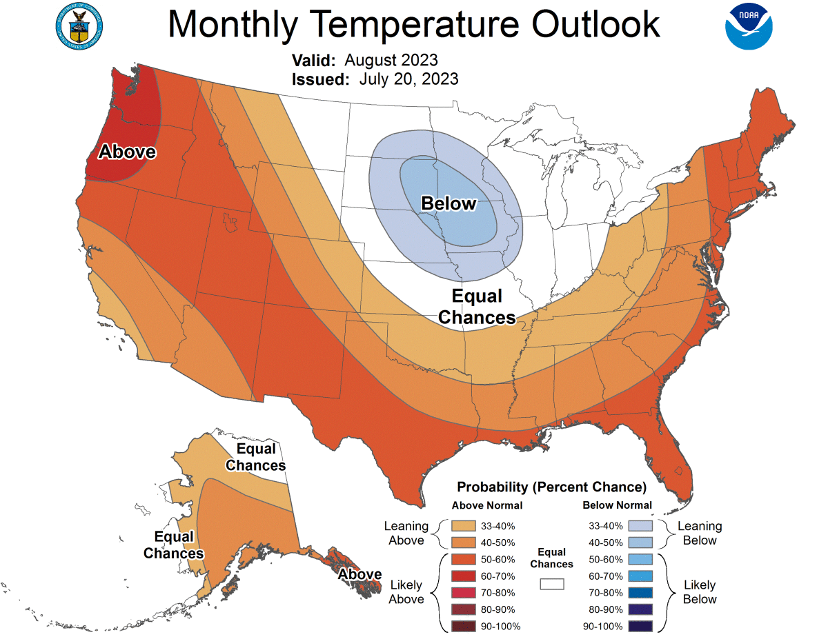 An August temperature outlook shows a high likelihood of warm conditions across much of the U.S., including California.