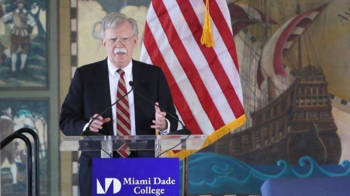 President Trump's national security advisor John R. Bolton speaks about the administration's policies toward Latin America on Nov. 1 in Miami.