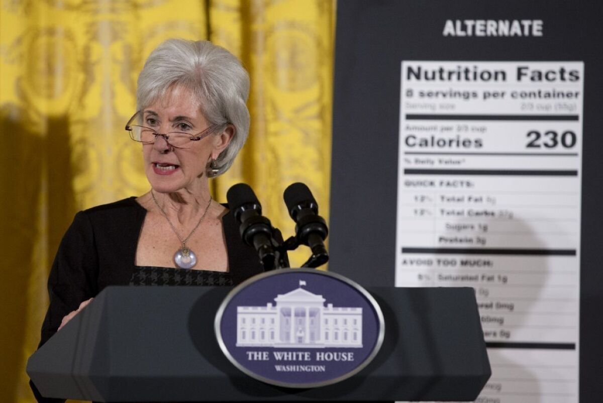 Health and Human Services Secretary Kathleen Sebelius unveils the proposed new nutrition label.