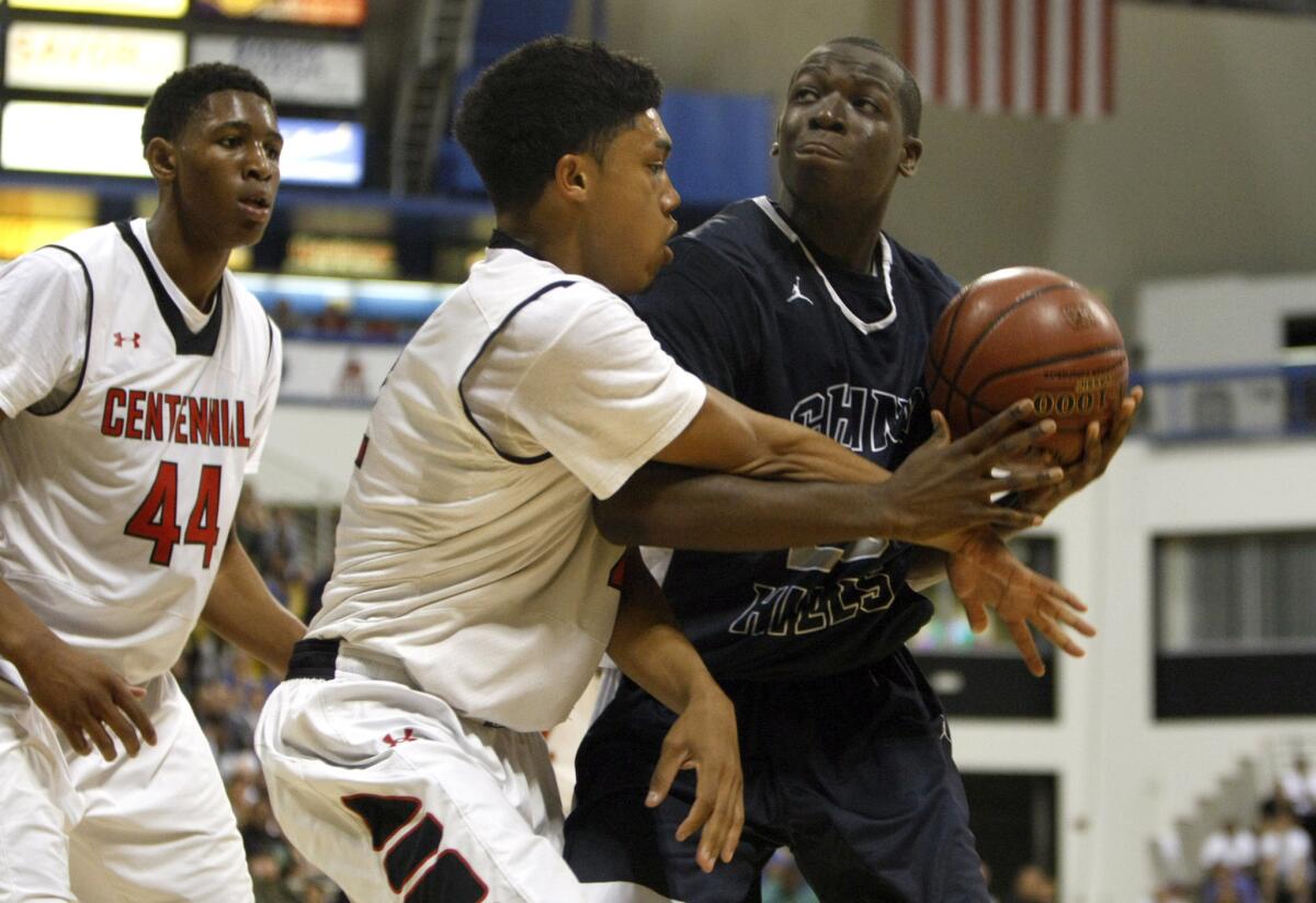 Jared Nyivih, drawing a foul against Centennial's Sedrick Barefield in a regional playoff victory, and Chino Hills will play for the Division I state title on Friday.