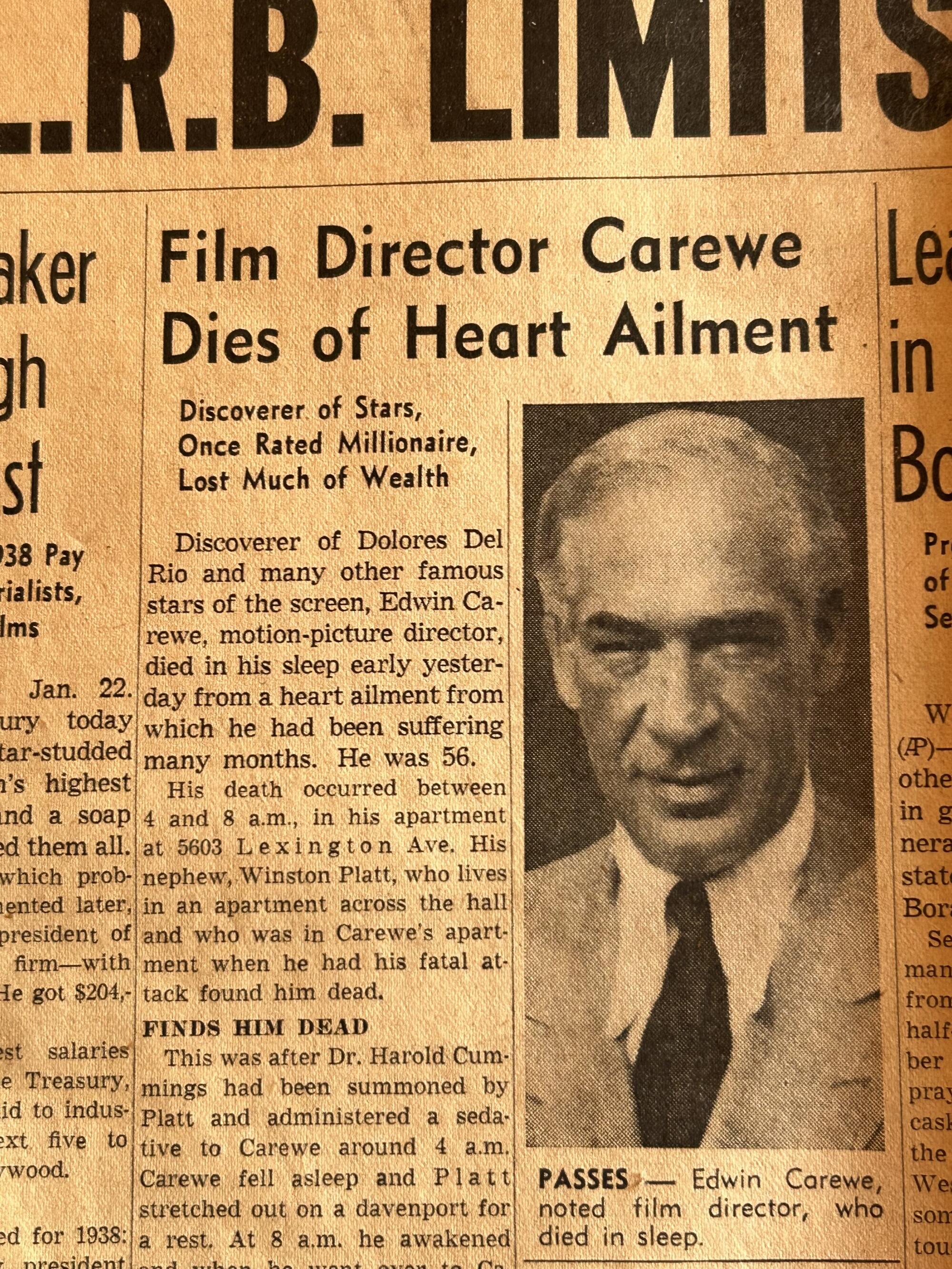 A newspaper clipping with the headline "Film director Carewe dies of heart ailment" and a man's photo
