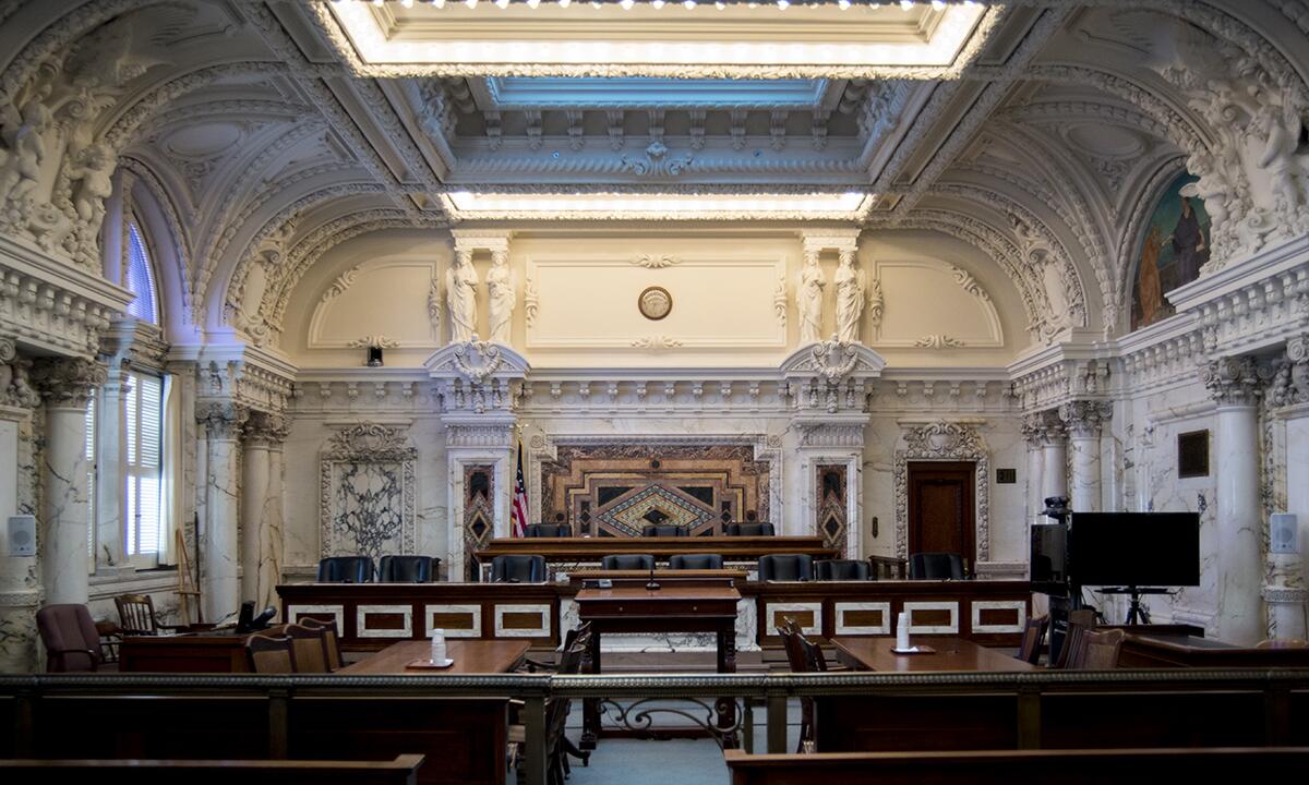 The view from the inside of a courtroom at the 9th U.S. Circuit Court of Appeals in San Francisco.