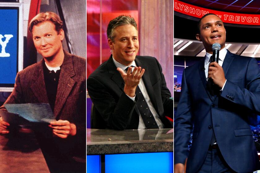 On the set of Comedy Central's "The Daily Show," from left, Craig Kilborn, 1997, Jon Stewart, 2006, and Trevor Noah, 2015.