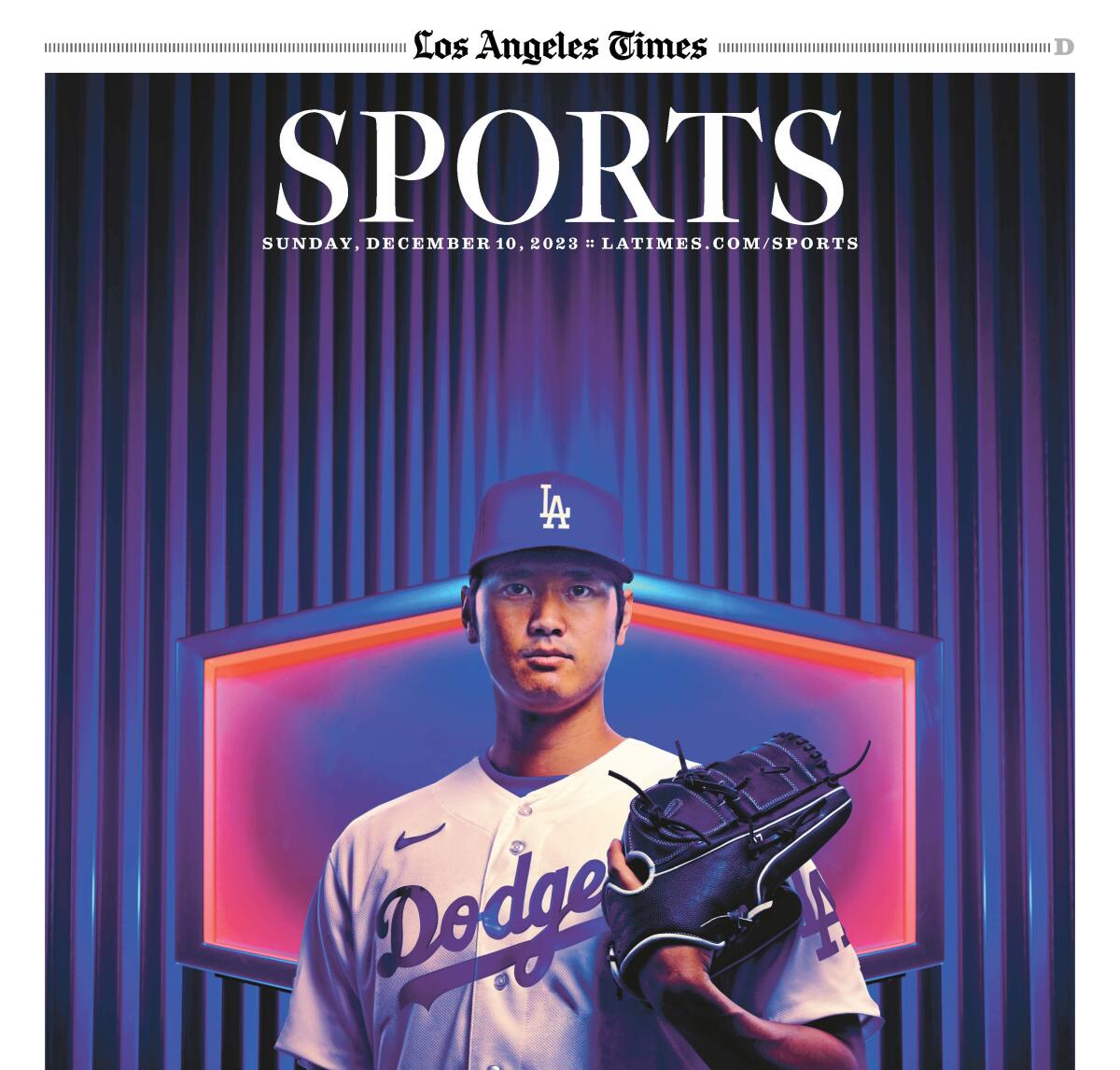 The cover of the L.A. Times sports section features an illustration of Shohei Ohtani