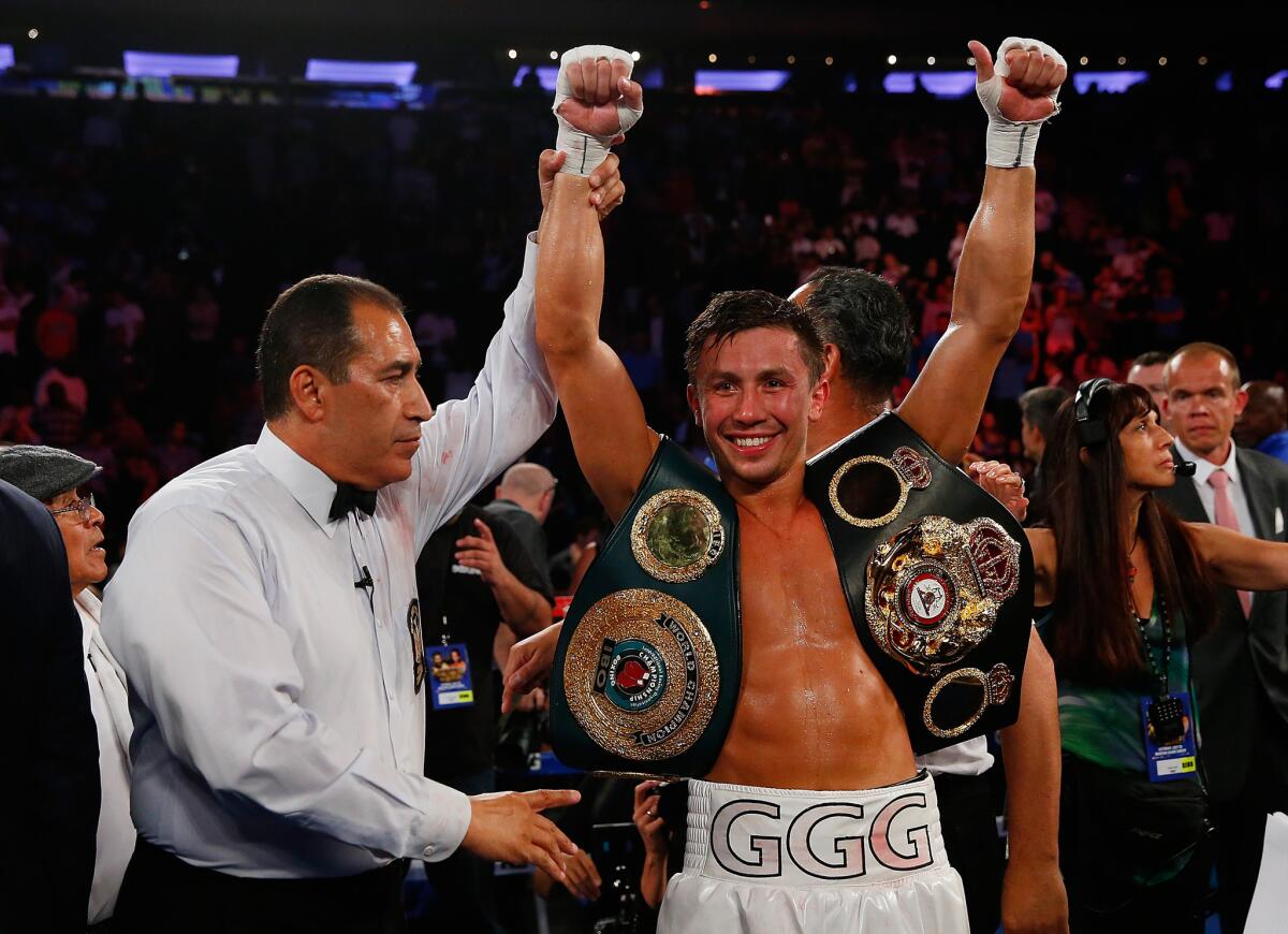 Gennady Golovkin celebrates after knocking out Daniel Geale in the third round to win the WBA/IBO middleweight championship in July.