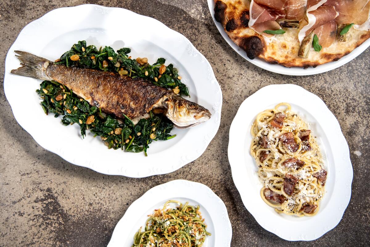 Plates of fish, pasta and pizza.