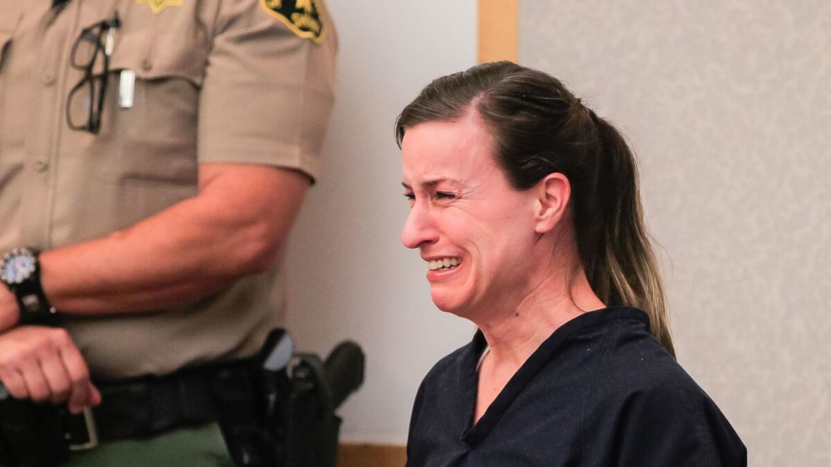 Diana Lovejoy, 45, cries while speaking during her sentencing Wednesday in Superior Court in Vista. Lovejoy was sentenced to 26 years to life in prison for conspiracy to commit murder.