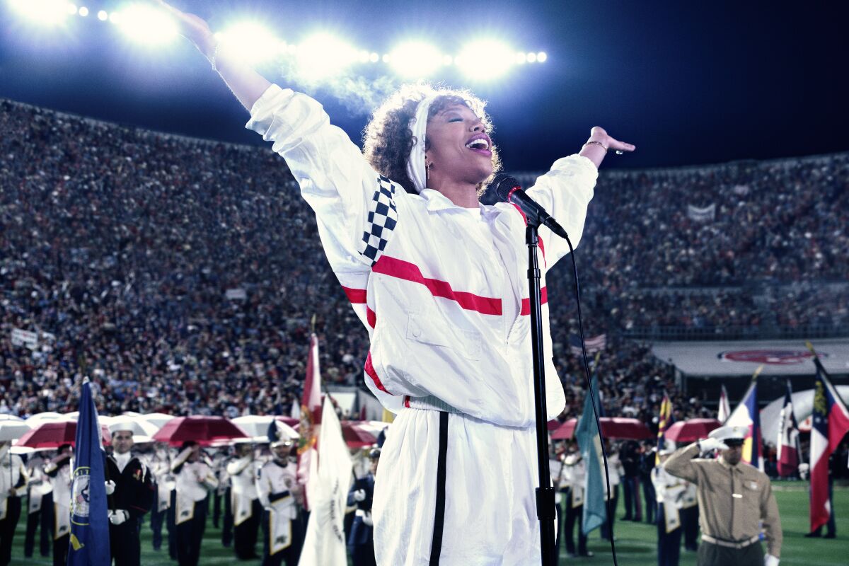 An actress recreates the moment when Whitney Houston sings the National Anthem at the Super Bowl.