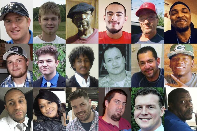 This combination of photos shows, top row from left, Anthony Timpa, Austin Hunter Turner, Carl Grant, Damien Alvarado, Delbert McNiel and Demetrio Jackson; second row from left, Drew Edwards, Evan Terhune, Giovani Berne, Glenn Ybanez, Ivan Gutzalenko and Mario Clark; bottom row from left, Michael Guillory, Robbin McNeely, Seth Lucas, Steven Bradley Beasley, Taylor Ware and Terrell "Al" Clark. Each died after separate encounters with police in which officers used force that is not supposed to be deadly. (AP Photo)