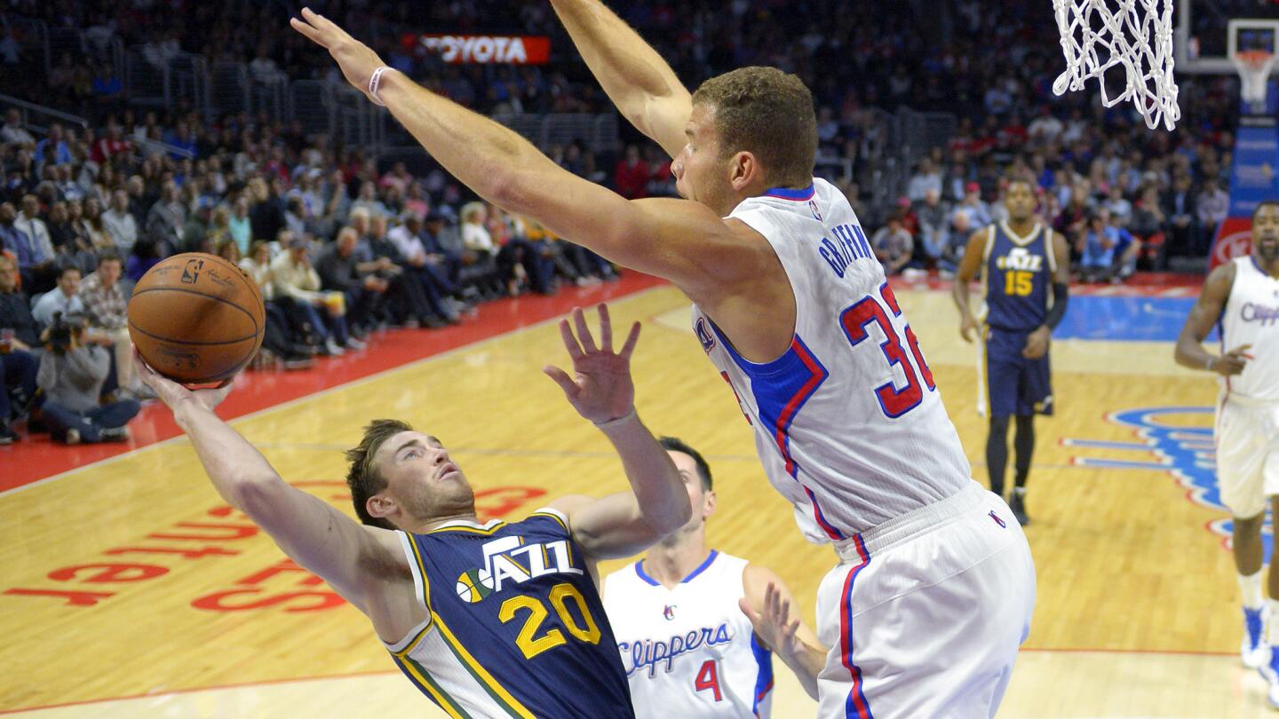 Utah Jazz guard Gordon Hayward, left, tries to put up a shot over Clippers forward Blake Griffin during the first half of a Nov. 3 game at Staples Center.