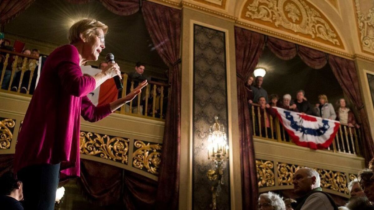 Sen. Elizabeth Warren of Massachusetts speaks at a campaign event at the Orpheum Theatre in Sioux City, Iowa, on Saturday.