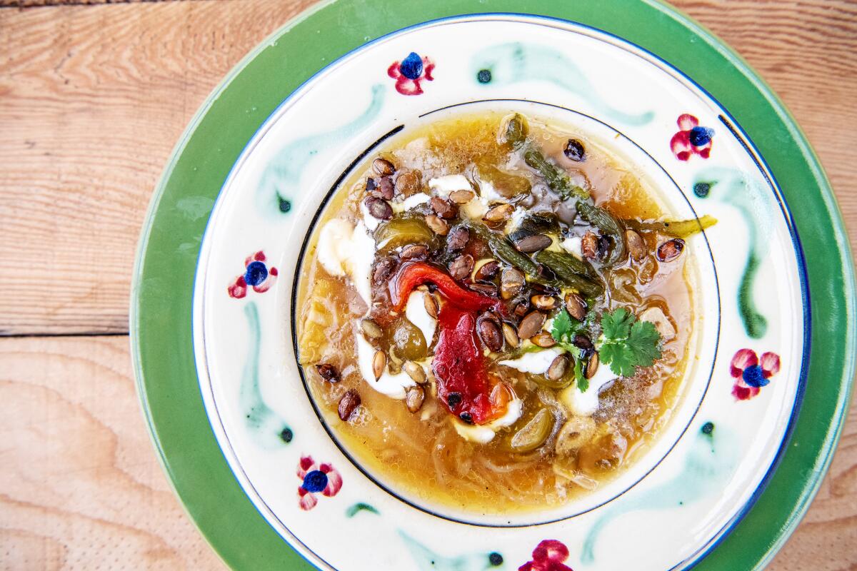 Sally Schmitt's famous Tomatillo Tortilla Soup.