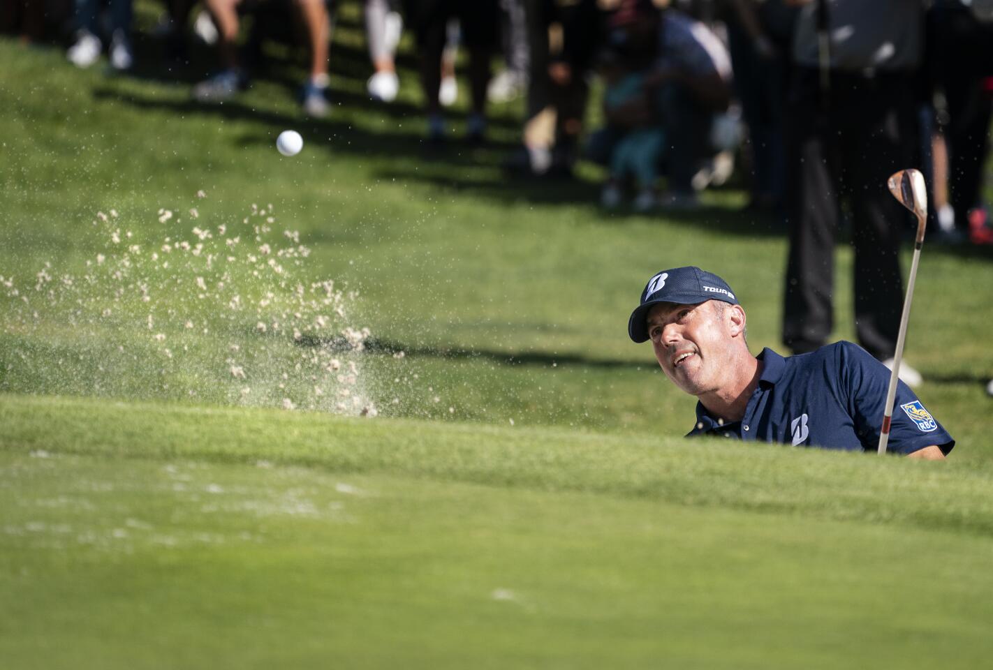 Matt Kuchar hits out of the sand trap on the 14th hole during the third round of the Genesis Invitational at Riviera Country Club on Feb. 15, 2020.