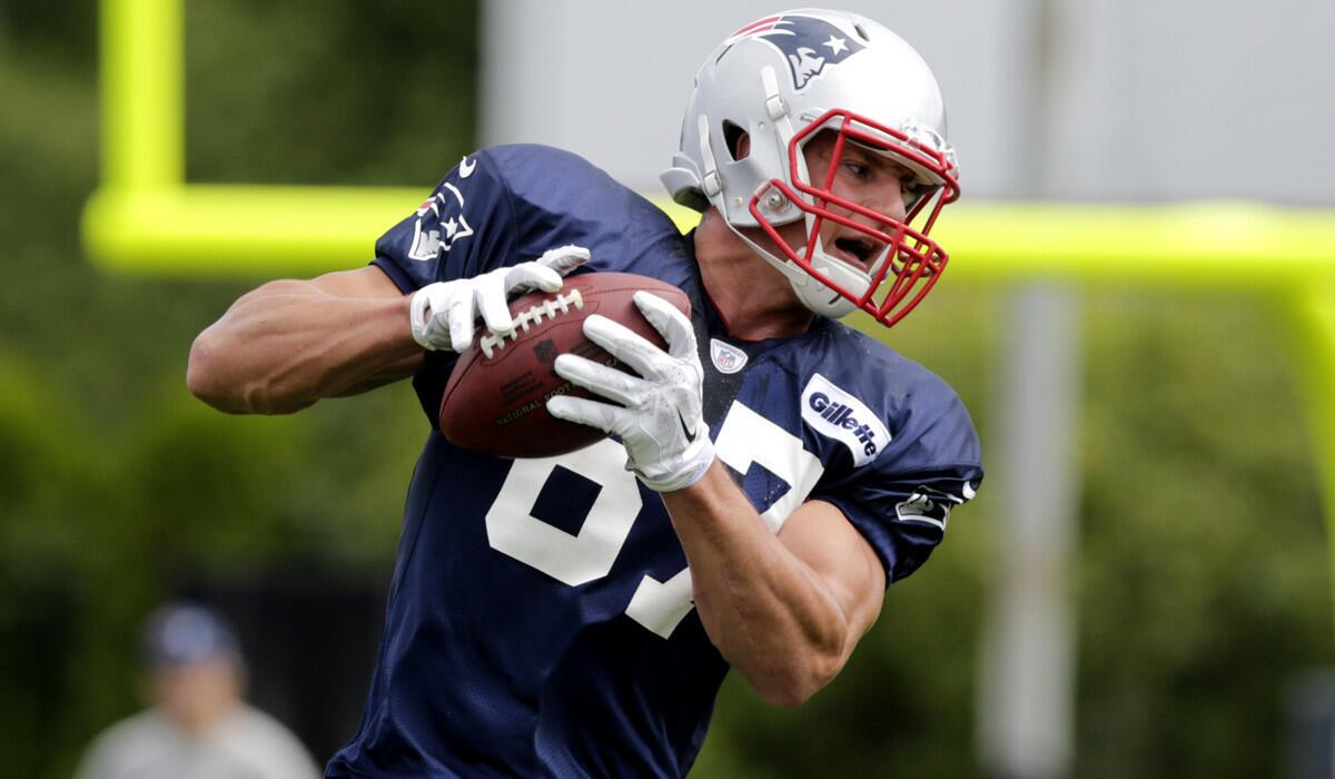 New England Patriots tight end Rob Gronkowski makes a catch during a scrimmage against the Philadelphia Eagles earlier this summer.