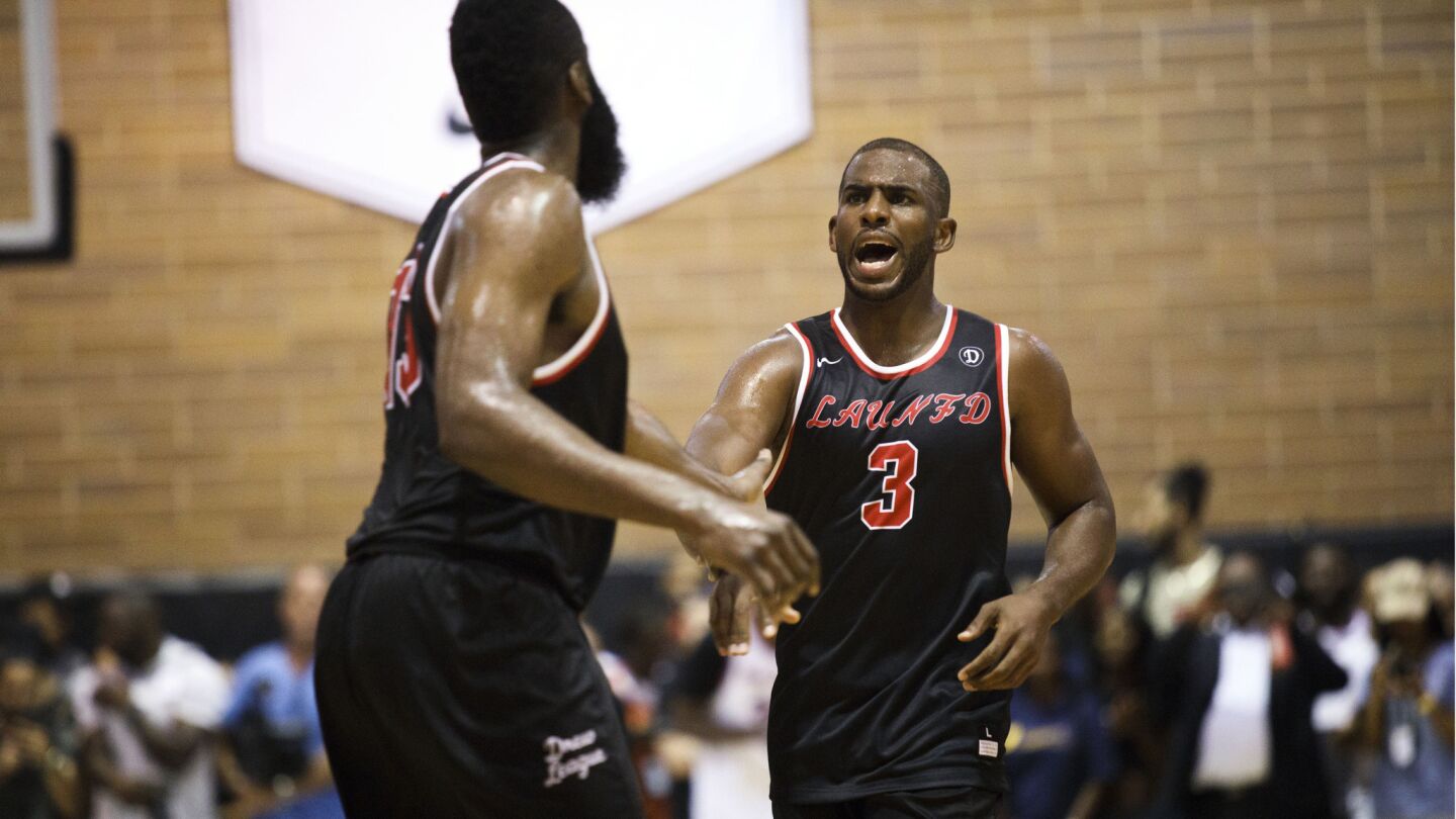 Chris Paul and James Harden team together on the LAUNFD team during the Drew League season finale.