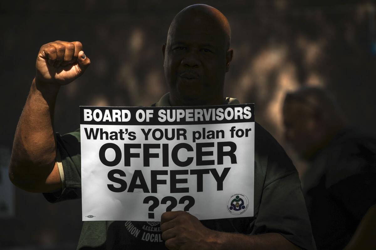 A deputy probation officer holds a sign and raises a fist at a rally.