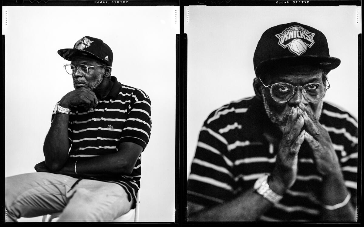 Side-by-side black and white film photos of a seated man in a New York Knicks cap and a striped shirt