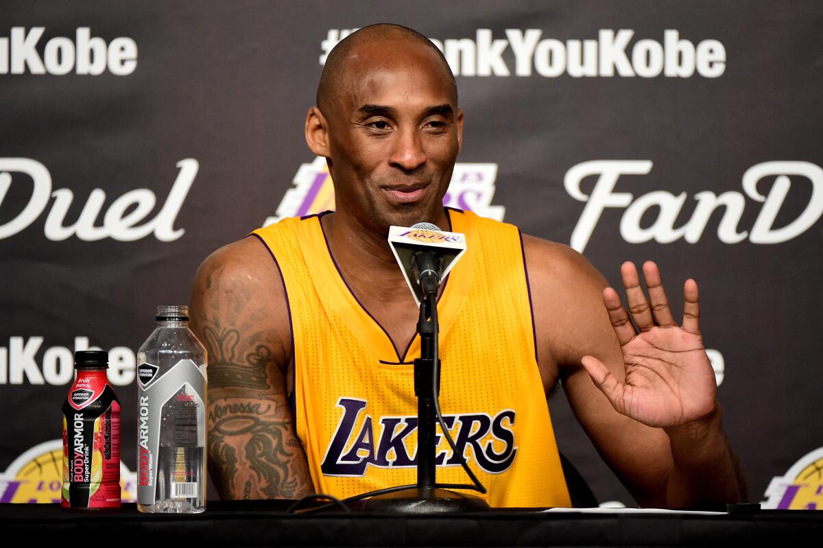 LOS ANGELES, CA - APRIL 13: Kobe Bryant #24 of the Los Angeles Lakers address the media during the post game news conference after scoring 60 point in his final NBA game at Staples Center on April 13, 2016 in Los Angeles, California. NOTE TO USER: User expressly acknowledges and agrees that, by downloading and or using this photograph, User is consenting to the terms and conditions of the Getty Images License Agreement. (Photo by Harry How/Getty Images)