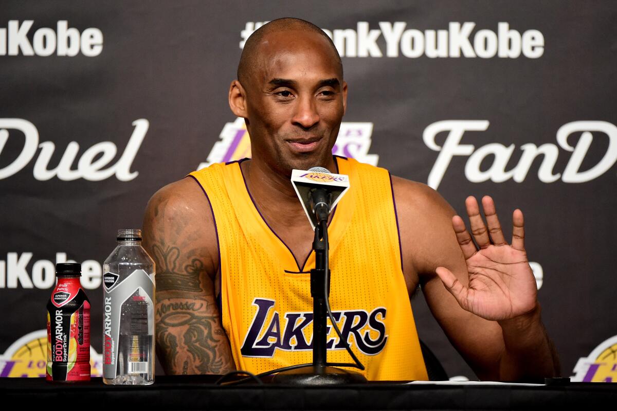 LOS ANGELES, CA - APRIL 13: Kobe Bryant \#24 of the Los Angeles Lakers address the media during the post game news conference after scoring 60 point in his final NBA game at Staples Center on April 13, 2016 in Los Angeles, California. NOTE TO USER: User expressly acknowledges and agrees that, by downloading and or using this photograph, User is consenting to the terms and conditions of the Getty Images License Agreement. (Photo by Harry How/Getty Images)
