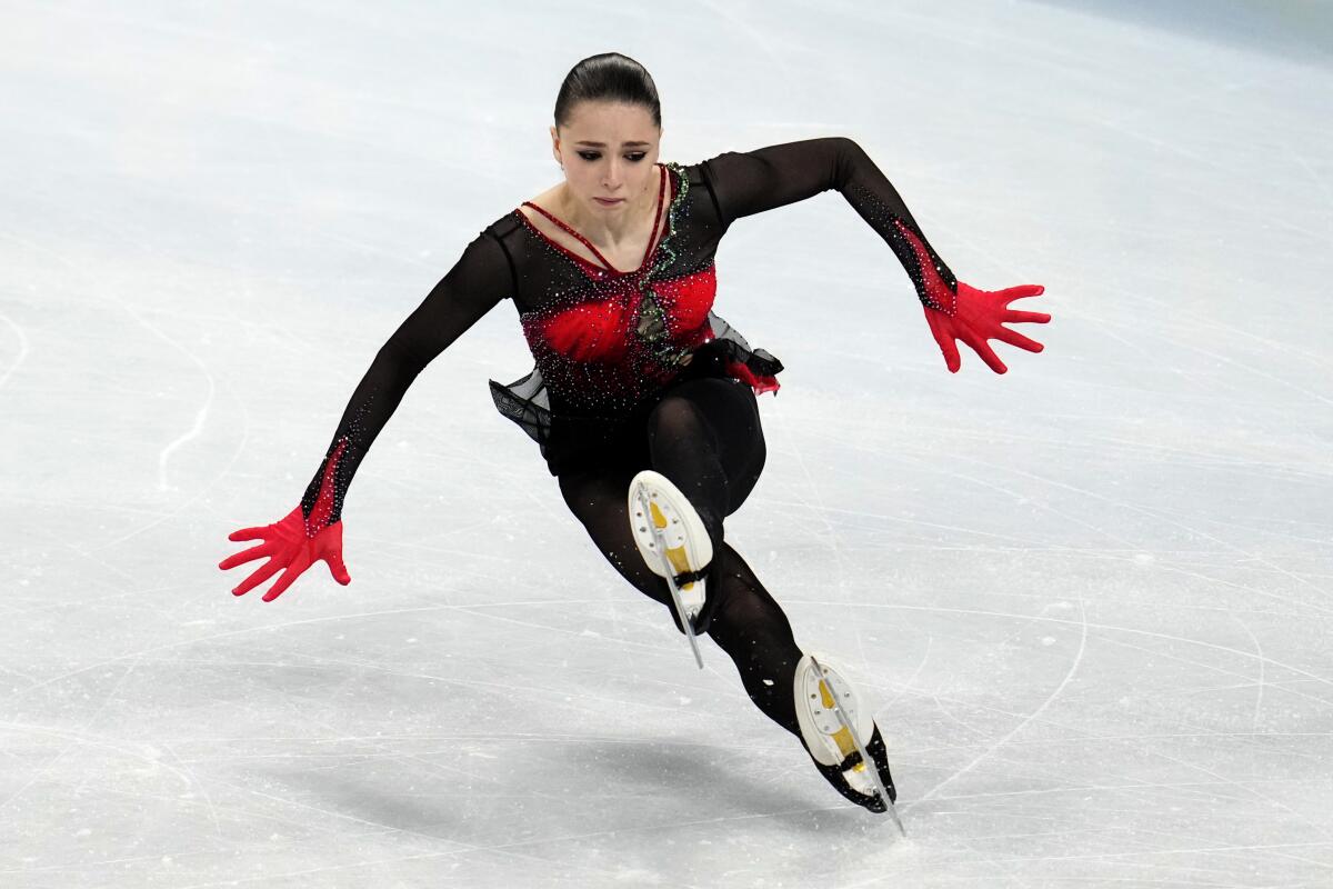 Russian Olympic Committee's Kamila Valieva falls in the women's free skate program.