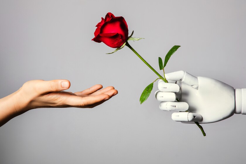 A human hand reaches for a red rose in a robotic hand.