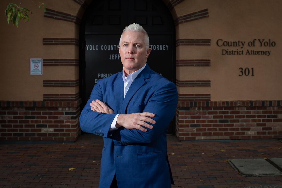 Yolo County Dist. Atty. Jeff Reisig stands outside his office in Woodland.