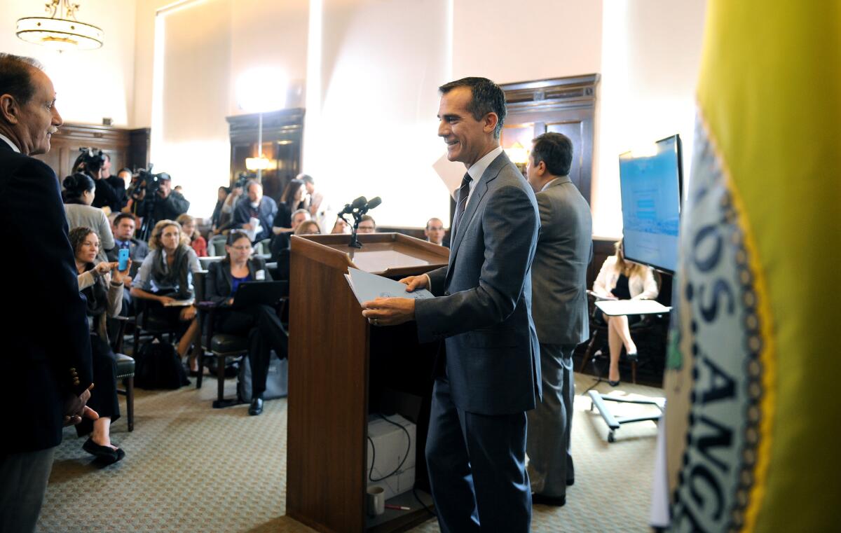 Mayor Eric Garcetti releases his 2015-16 budget proposal at City Hall on Monday.