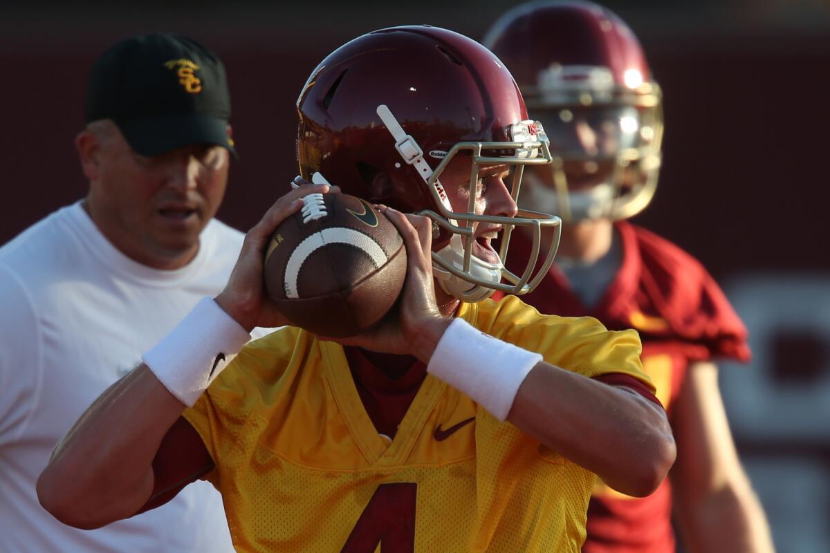 USC quarterback Max Browne participates in drills at Howard Jones Field on Aug. 8.