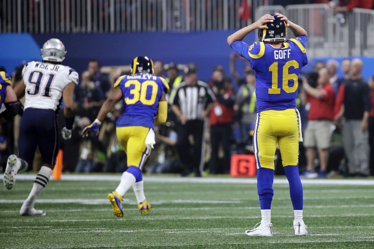 Jared Goff reacts after throwing an interception during the second half of Super Bowl LIII against the New England Patriots.