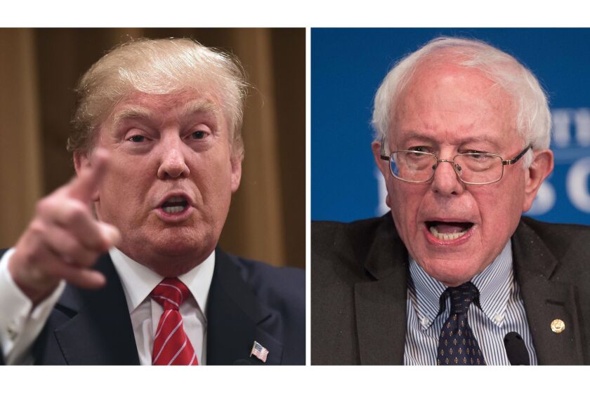 Billionaire Republican presidential candidate Donald Trump, left, and Democratic candidate Bernie Sanders, who denounces the "billionaire class," are political opposites united in their outsider status in the presidential primary races. Each is polling strongly in early-voting states.