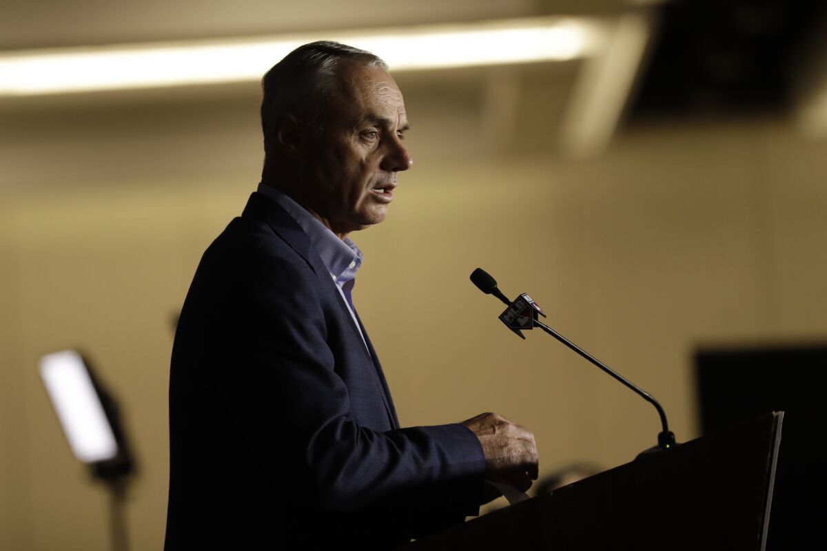 Commissioner Rob Manfred speaks during the Major League Baseball winter meetings on Wednesday in San Diego.