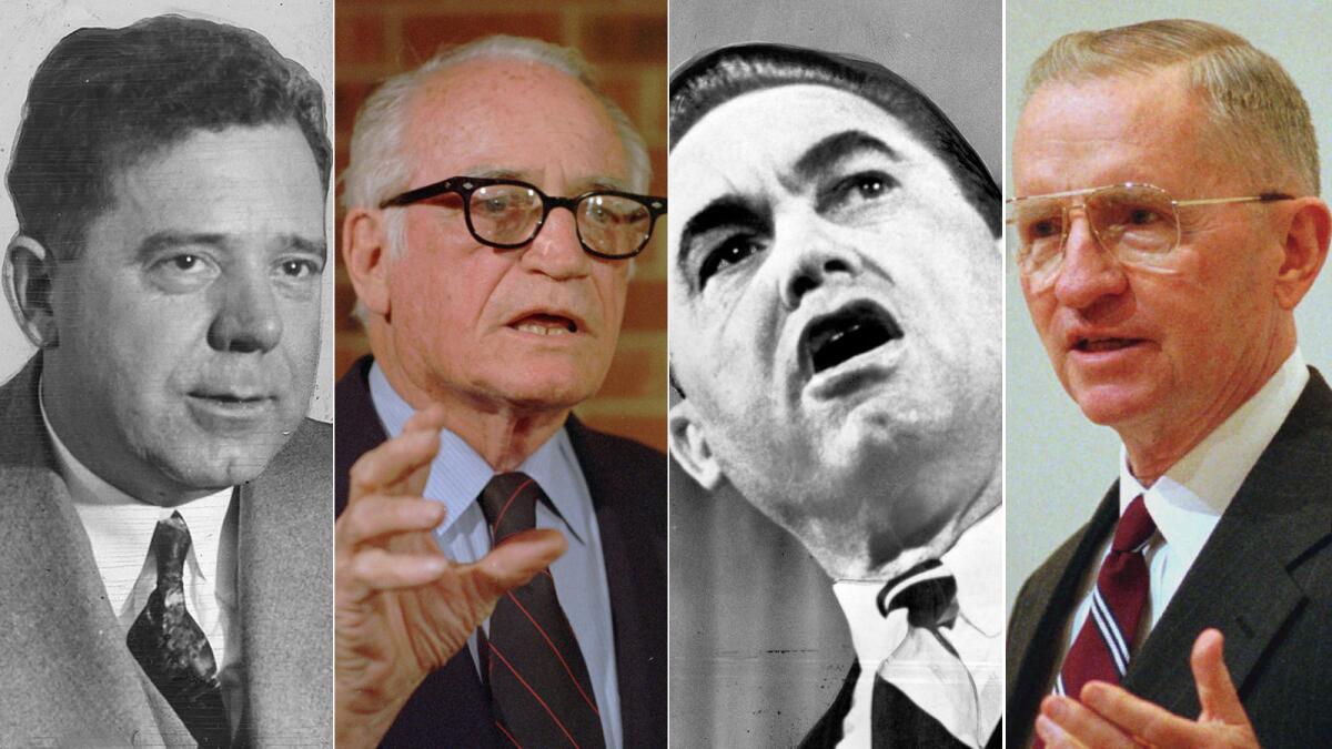 From left are Huey Long, Barry Goldwater, George Wallace and Ross Perot. If Donald Trump falls short of the White House too, will he leave a lasting political legacy?