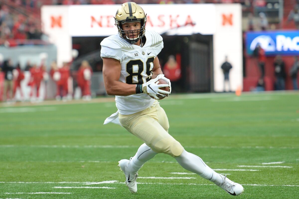 Purdue tight end Brycen Hopkins was selected by the Rams in the fourth round of the NFL draft on Saturday.