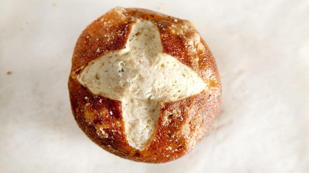 Homemade pretzel hamburger buns.