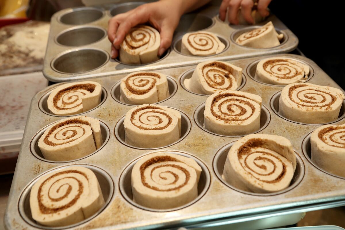 Uncooked morning buns are prepared at the newly opened Rye Goods in Tustin. 