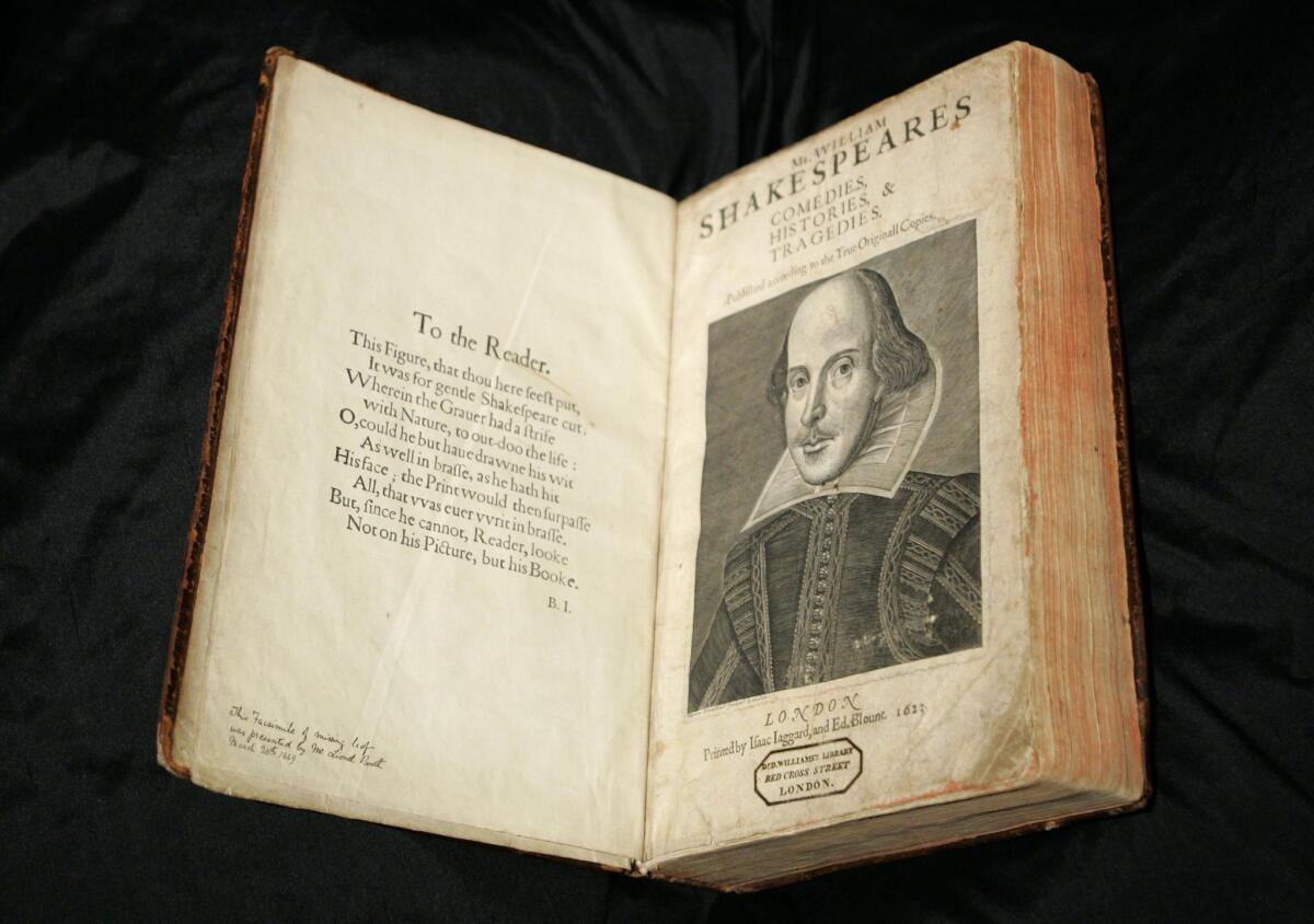 A calf-bound 1623 copy of the First Folio edition of William Shakespeare's plays. Wednesday marks the playwright's 450th birthday.
