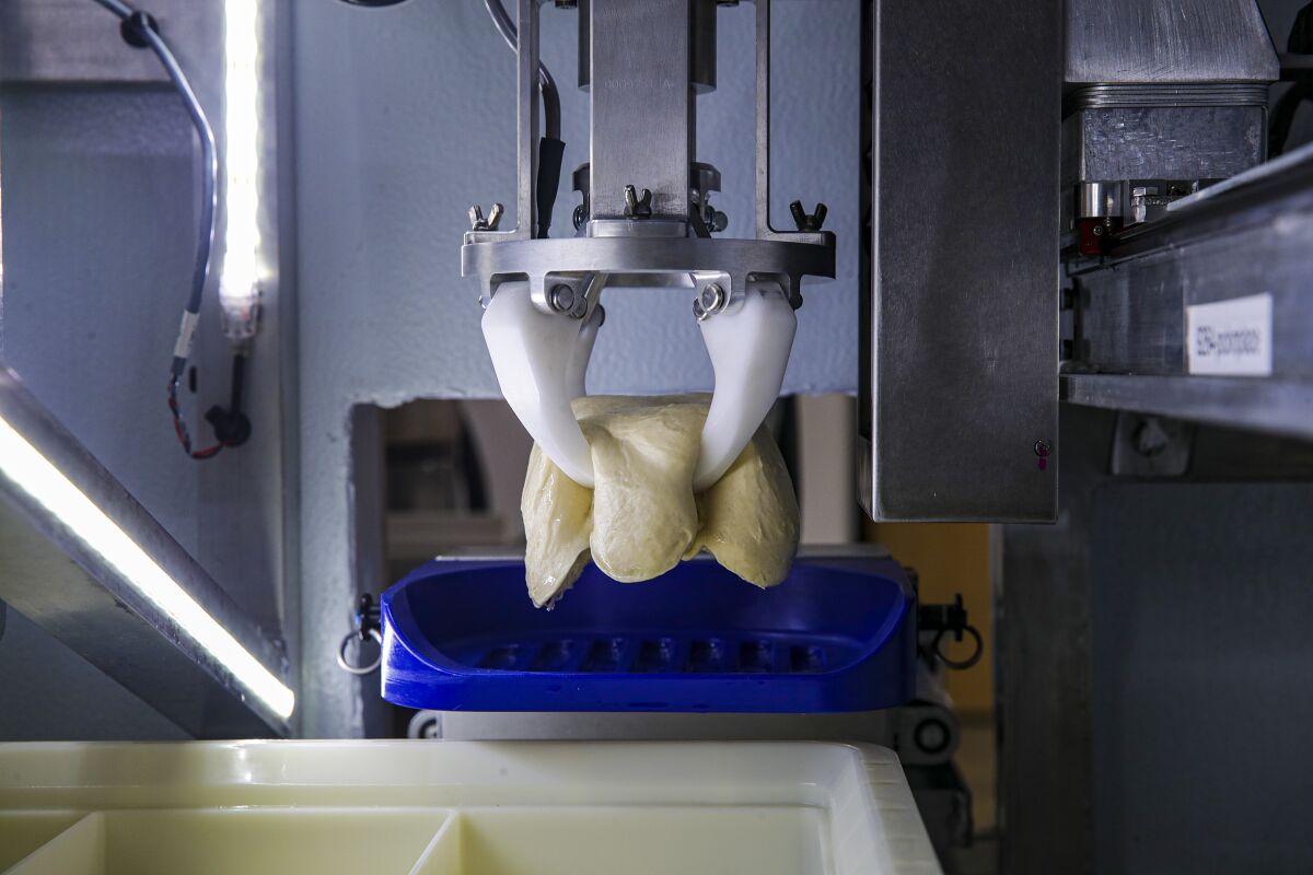 A robotic arm picks up a ball of dough.