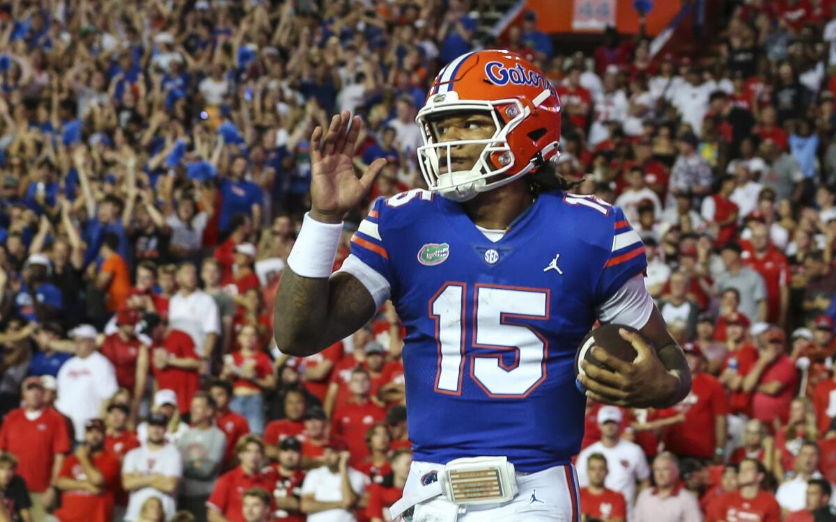 Florida quarterback Anthony Richardson celebrates after running for a touchdown.