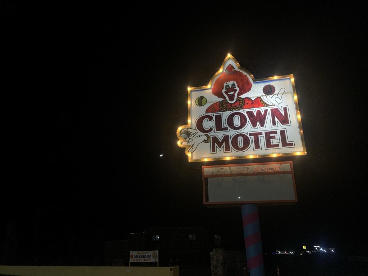 A road sign for the Clown Hotel in Nevada.